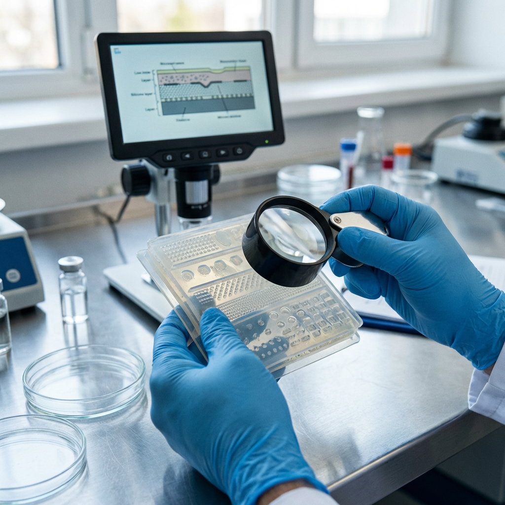 AnthroPad multi-layered substrate being examined in a pharmaceutical laboratory