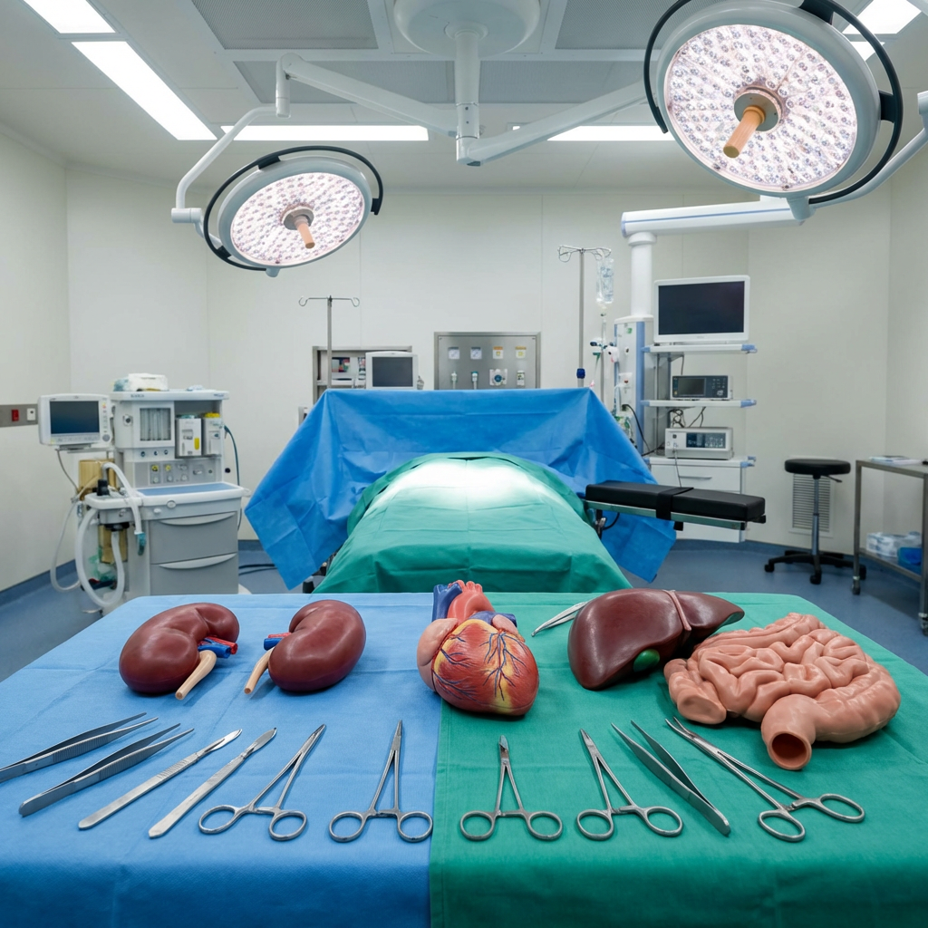 Surgical training station with organ models and instruments in a simulation centre