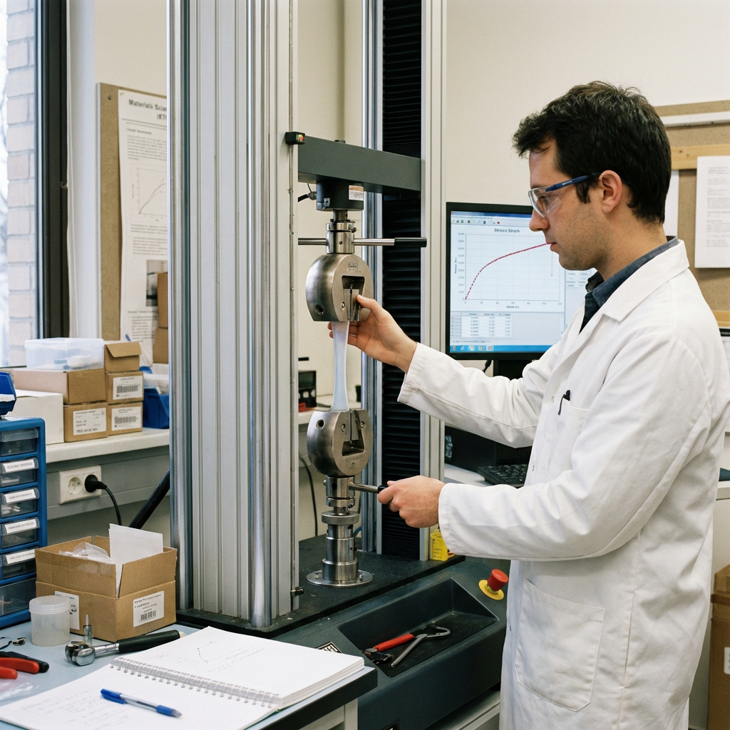 Researcher at a materials testing machine with a mounted silicone sample