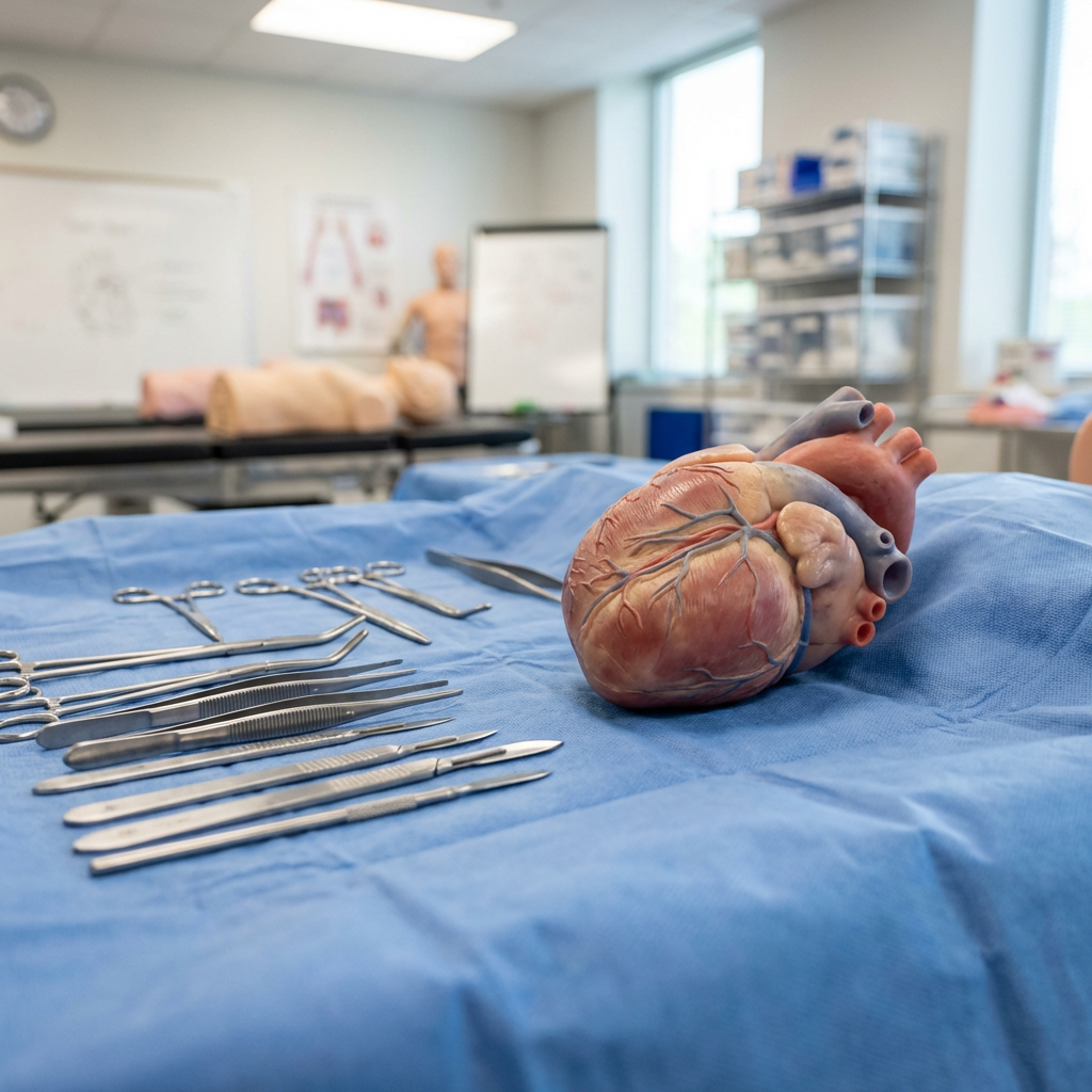Finished synthetic organ model on a surgical drape with instruments for clinical training