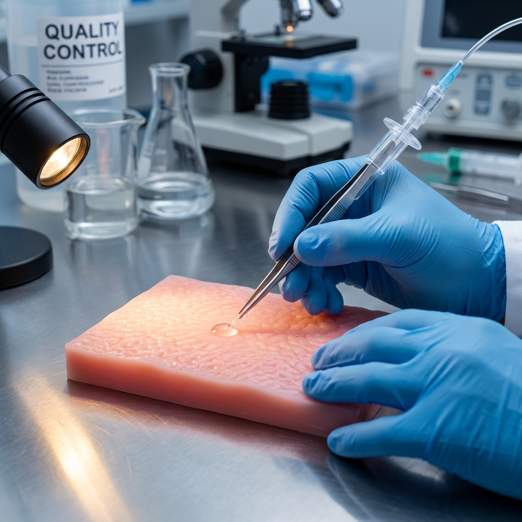 Medical device being tested against a silicone tissue substrate in a controlled lab setting