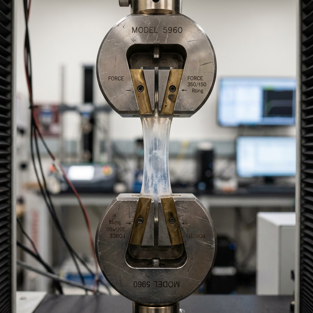 Mechanical testing machine gripping a silicone sample for tensile testing
